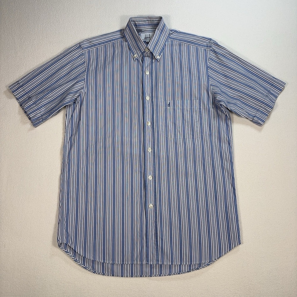 Dunhill Shirt Men's S Blue Stripe Two Fold 100% Cotton Pocket Logo Button Down
